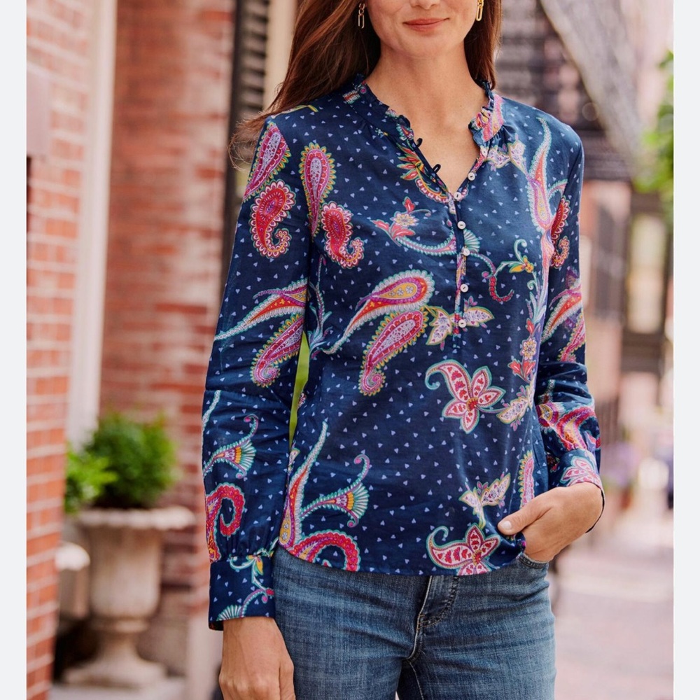 Band collar pop over Paisley Indian ink XL long sleeve Talbots like new